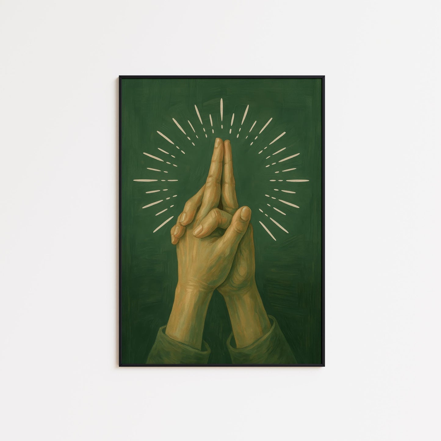 Surreal Prayer Art – Sensual Layered Praying Hands Print | Golden Beams