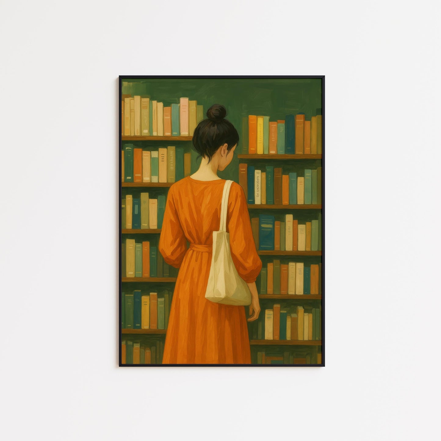 Bookstore Girl Poster – Quiet Reading Art | Orange Dress, Cozy Library Wall Print