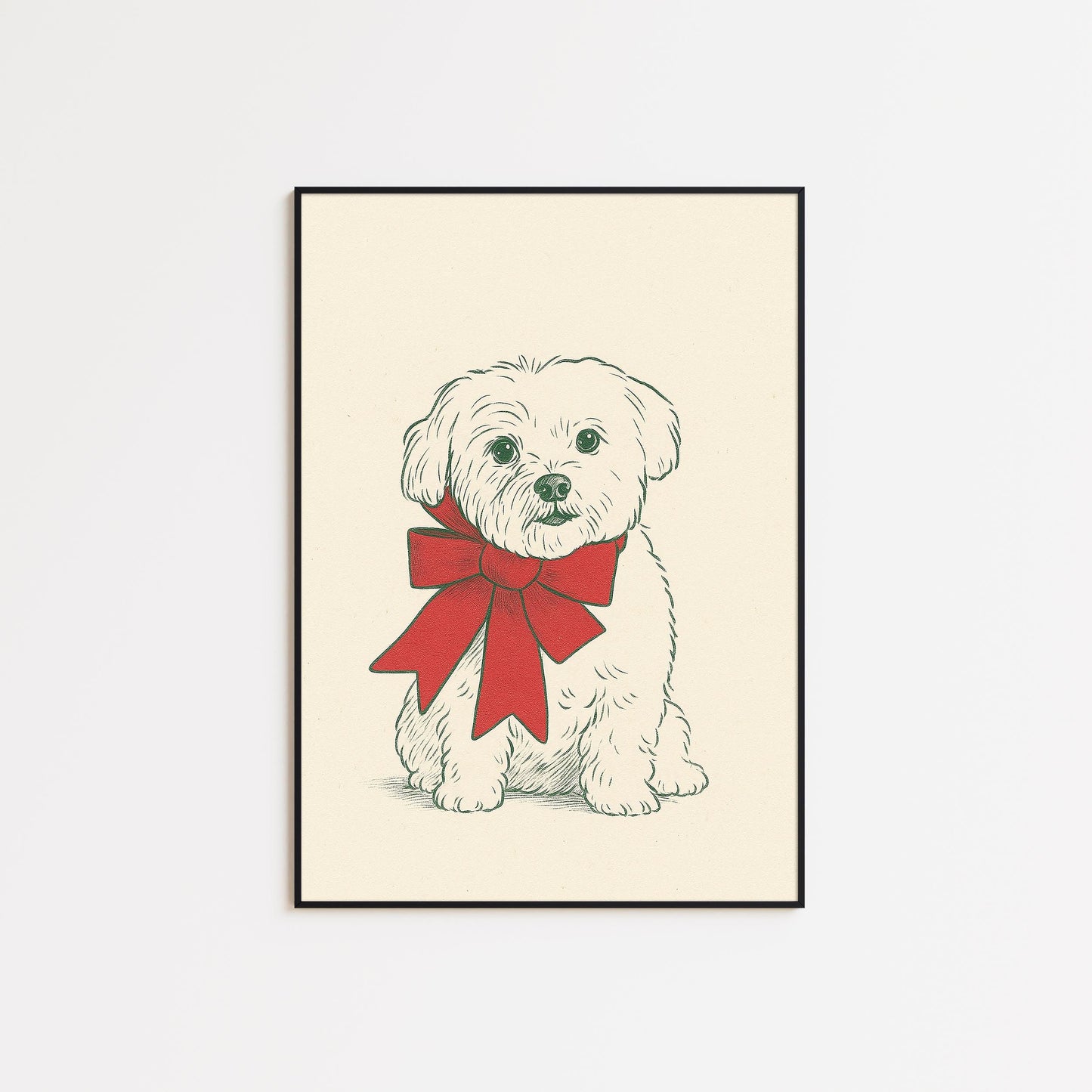 Christmas Puppy Poster – Cute Dog with Red Bow Holiday Art Print