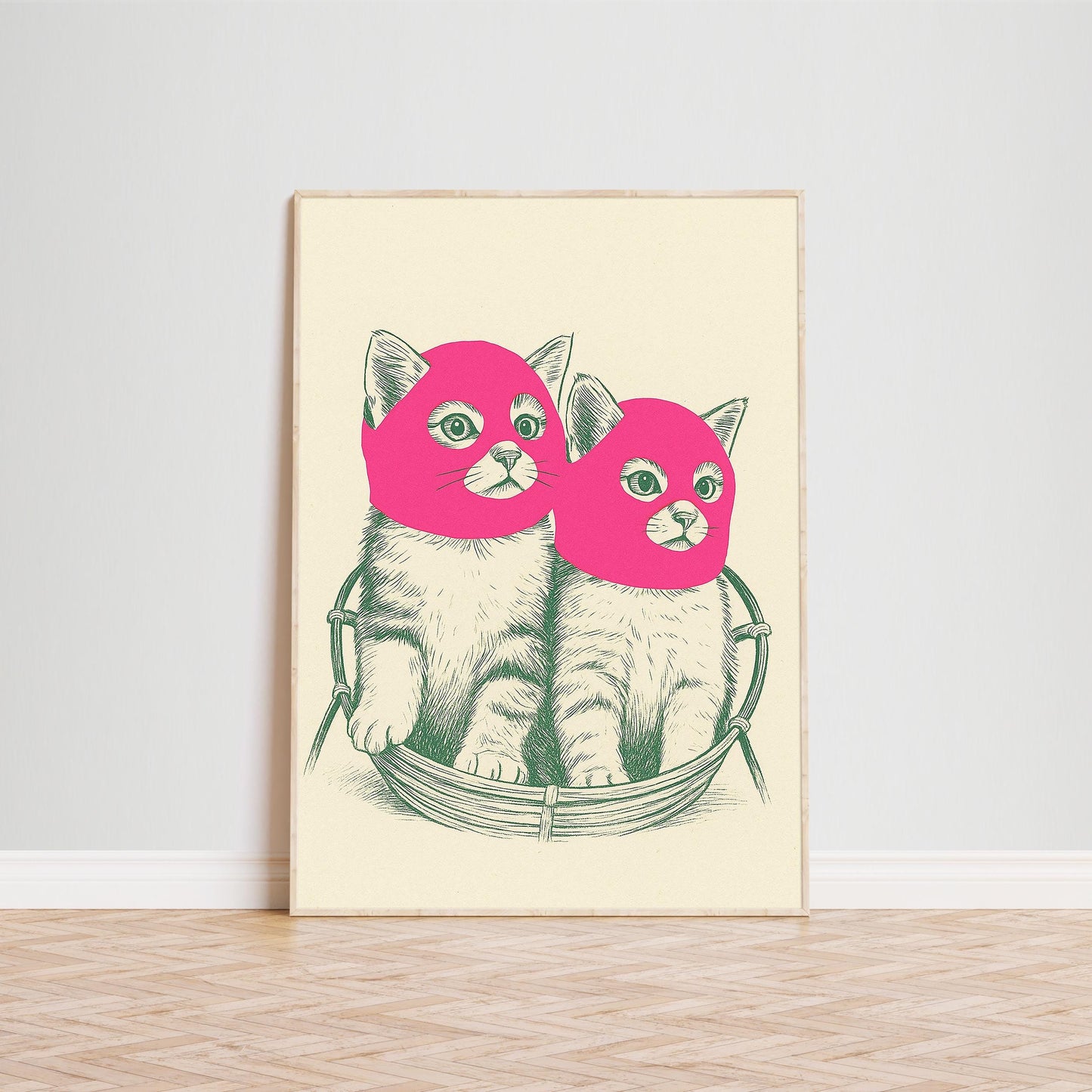Pink Mask Cats Poster – Funny Pop Art Animal Print, Modern Minimal Wall Decor