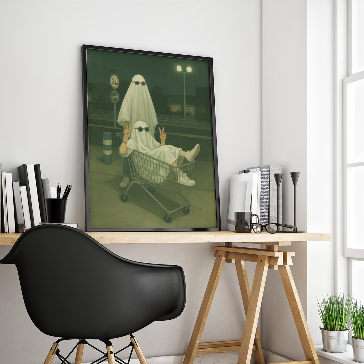 Quirky Ghost Wall Art – Playful Spooky Chic Poster With Ghost Shopping Cart