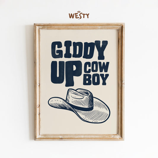 Giddy Up Cowboy Poster – Western Hat Print in Navy Blue