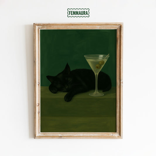 Black Cat Martini Poster – Retro Bar Wall Art With Playful Elegance Print