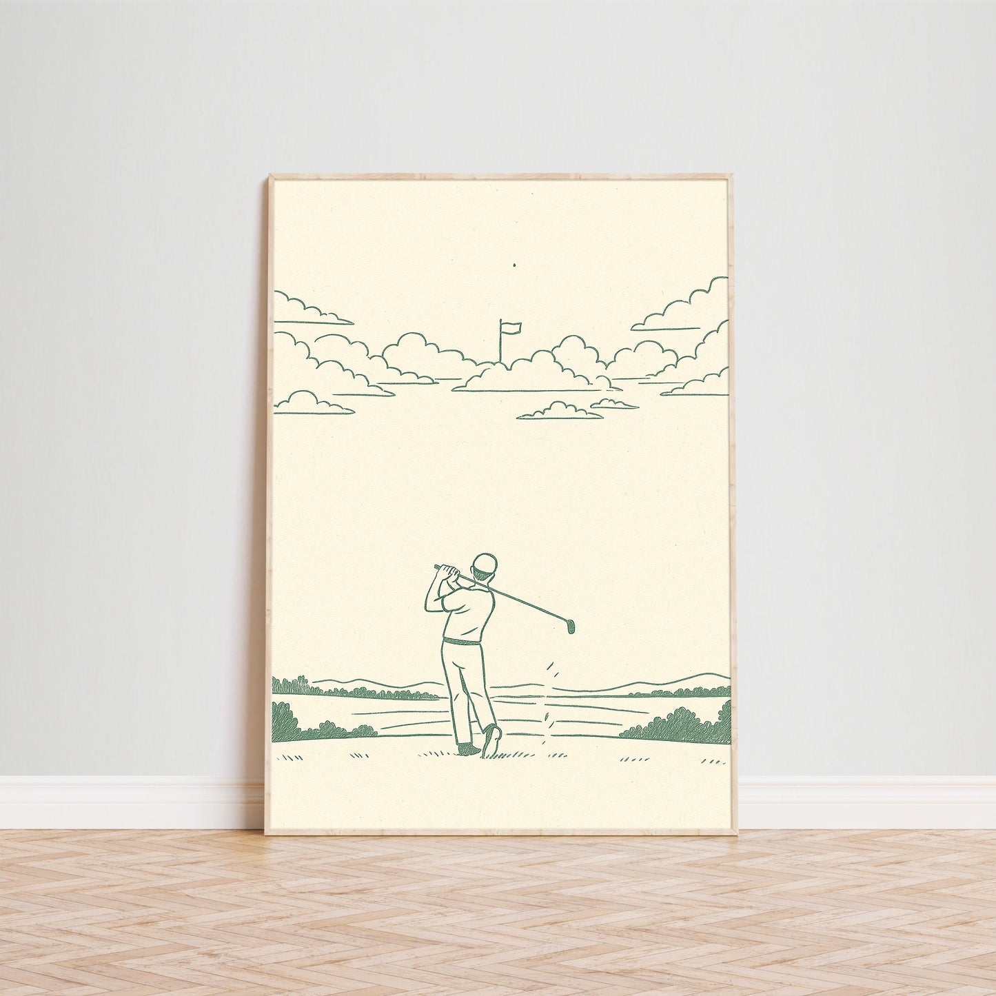 Minimal Golf Swing Poster – Vintage Green Line Art for Sport Lovers