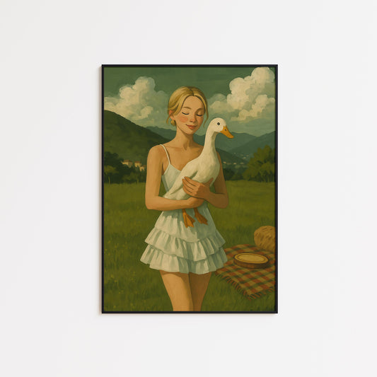 Girl With Goose Poster – Whimsical Countryside Wall Art With Rustic Farmhouse Decor
