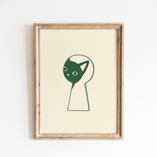 Keyhole Cat – Minimal Line Art Poster, Playful Modern Home Wall Print
