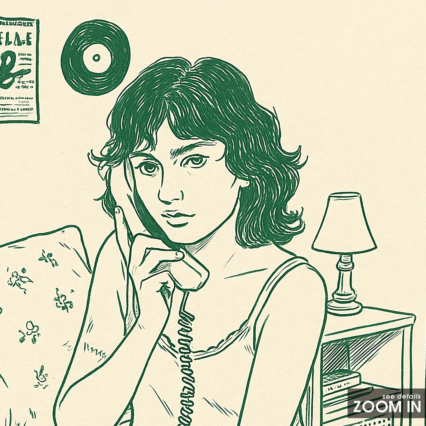 Girl on the Phone Poster – Vintage Bedroom Line Art Print