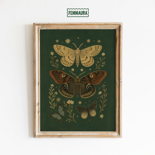 Butterfly Botanical Print – Vintage Insect Art Dark Green Poster with Moths & Flowers
