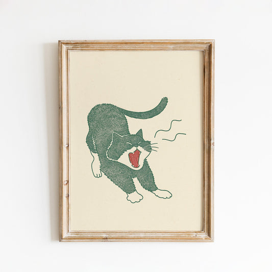 Morning Stretch Cat – Minimal Line Art Poster, Playful Vintage Illustration