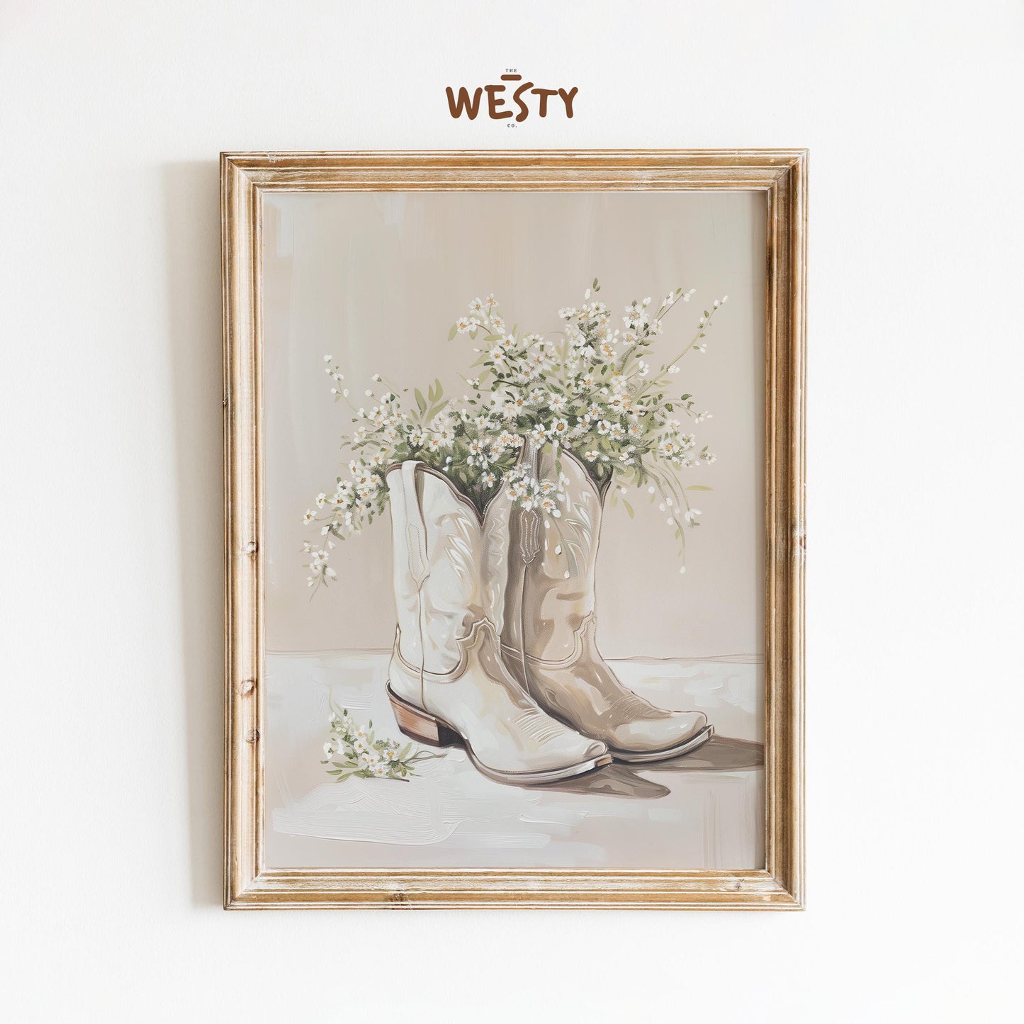 Neutral Cowgirl Boots with Daisies – Rustic Western Floral Art Print