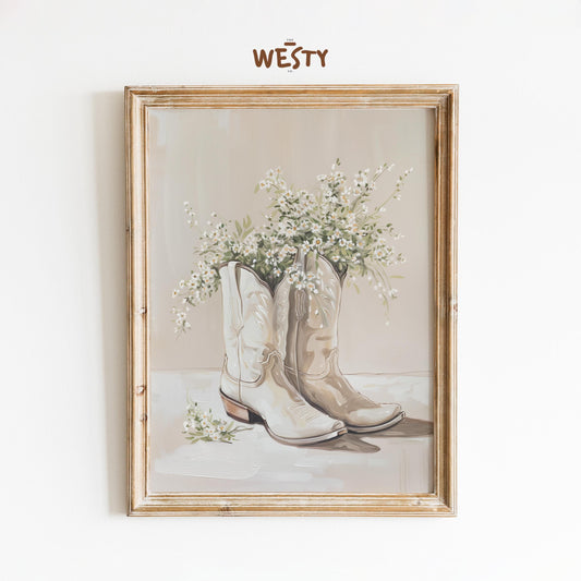 Neutral Cowgirl Boots with Daisies – Rustic Western Floral Art Print