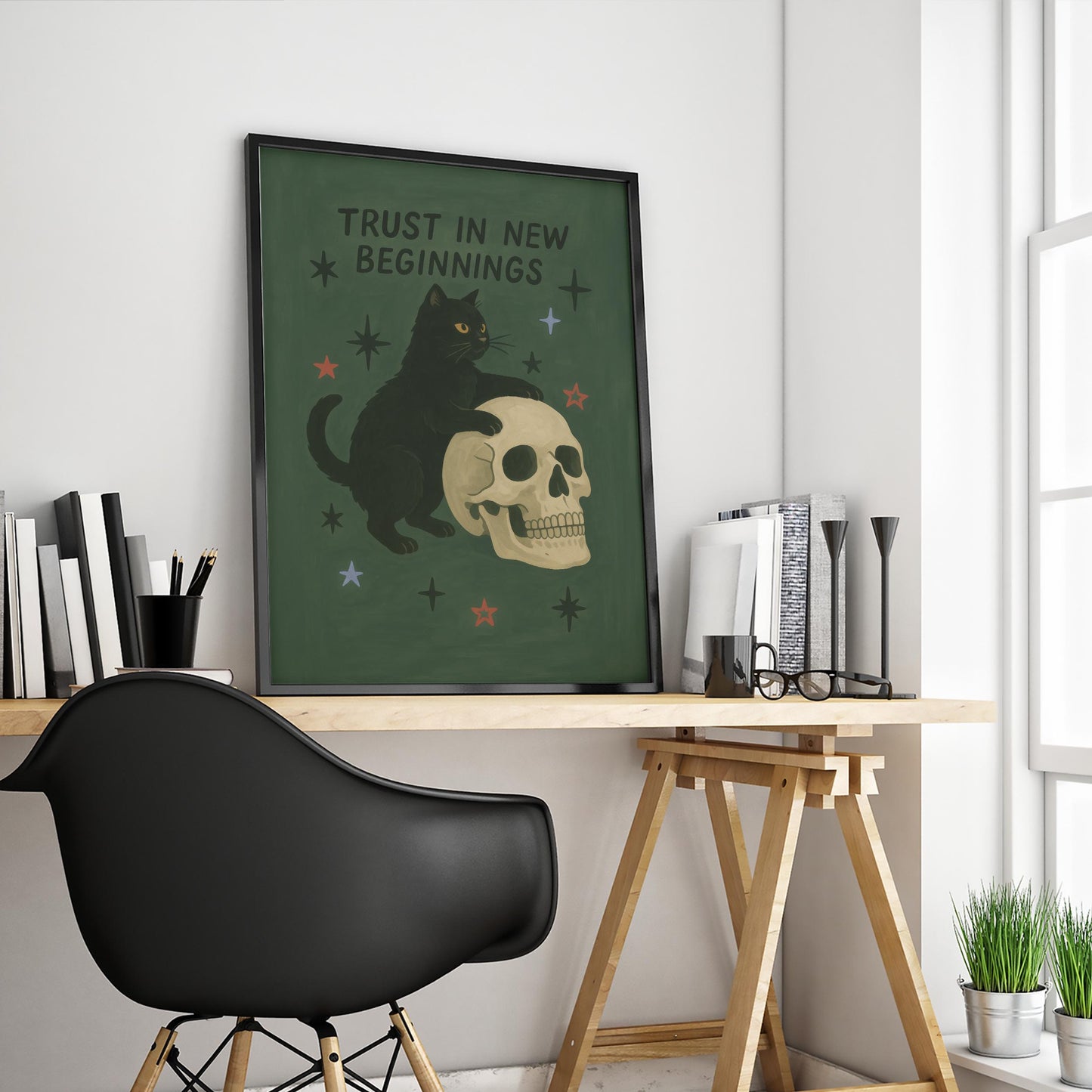 Gothic Wall Art Print – Black Cat Skull Art | Witchy Halloween Decor