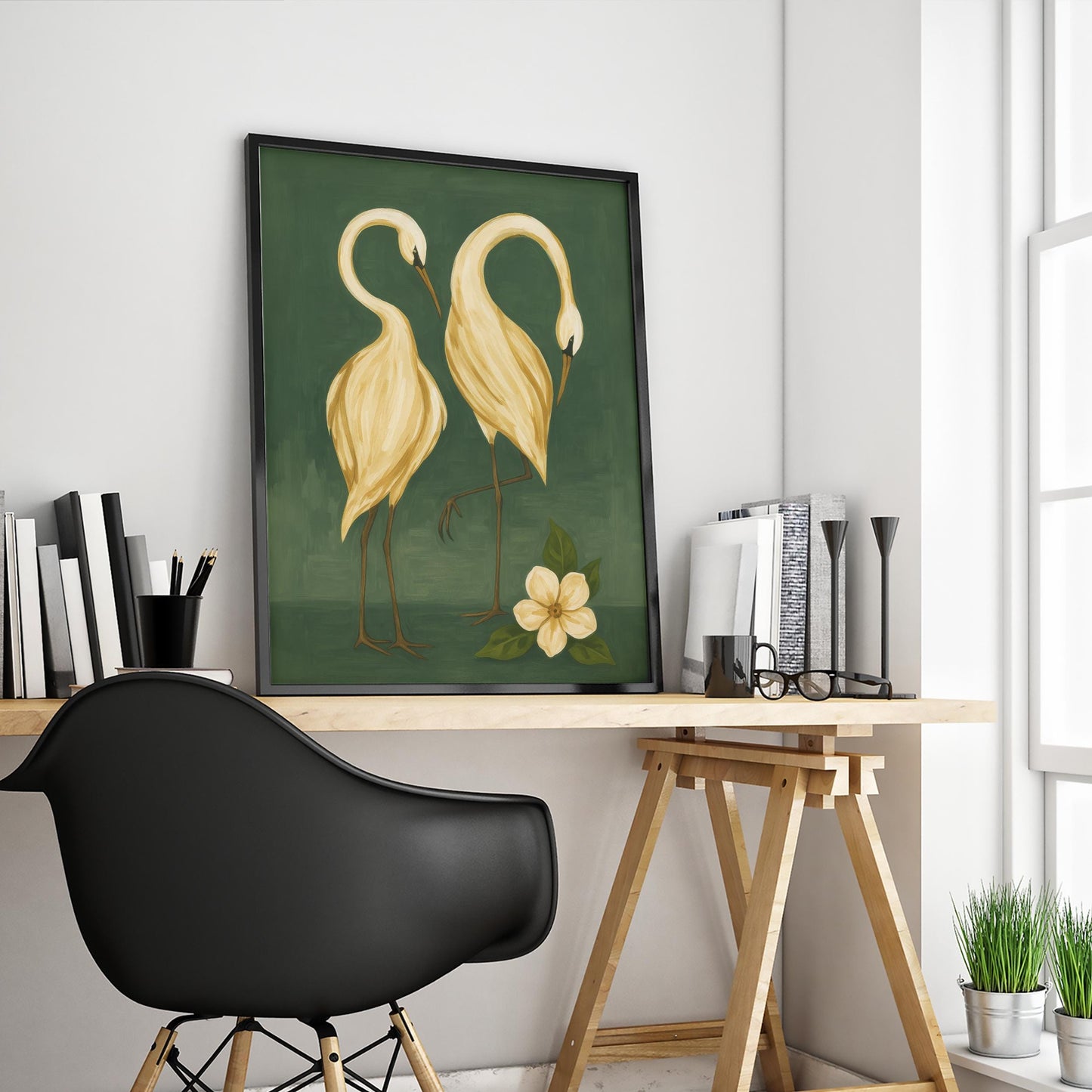 Golden Cranes Wall Art – Elegant Green Floral Print With Minimalist Bird Decor