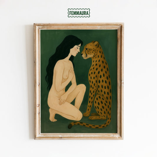 Leopard Wall Art – Wildlife Wall Art Featuring Woman and Leopard Print on Green Poster