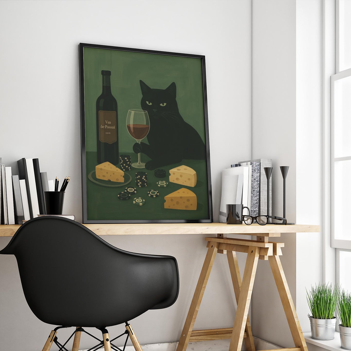 Black Cat Wall Art – Playful Wine and Cheese Decor | Cozy Bar Poster