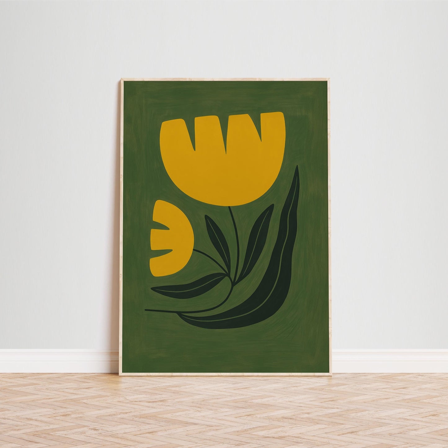 Olive Green Wall Art – Retro Floral Poster | Minimalist Tulip Print