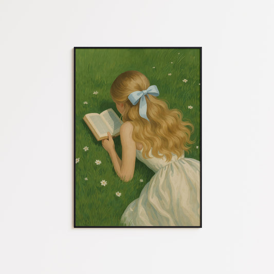 Cottagecore Wall Art – Romantic Girl Reading Poster With Vintage Meadow Print