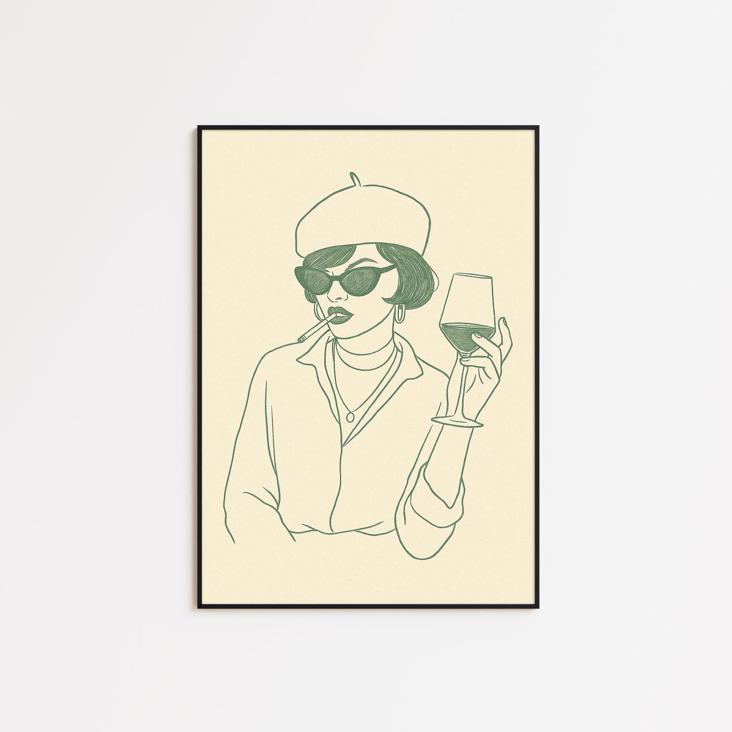 Parisian Mood Poster – Chic Woman with Wine Minimal Line Art
