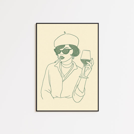 Parisian Mood Poster – Chic Woman with Wine Minimal Line Art