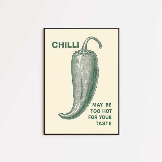 Chilli Poster – Vintage Green Pepper Print – Spicy Kitchen Wall Art – Retro Food Illustration