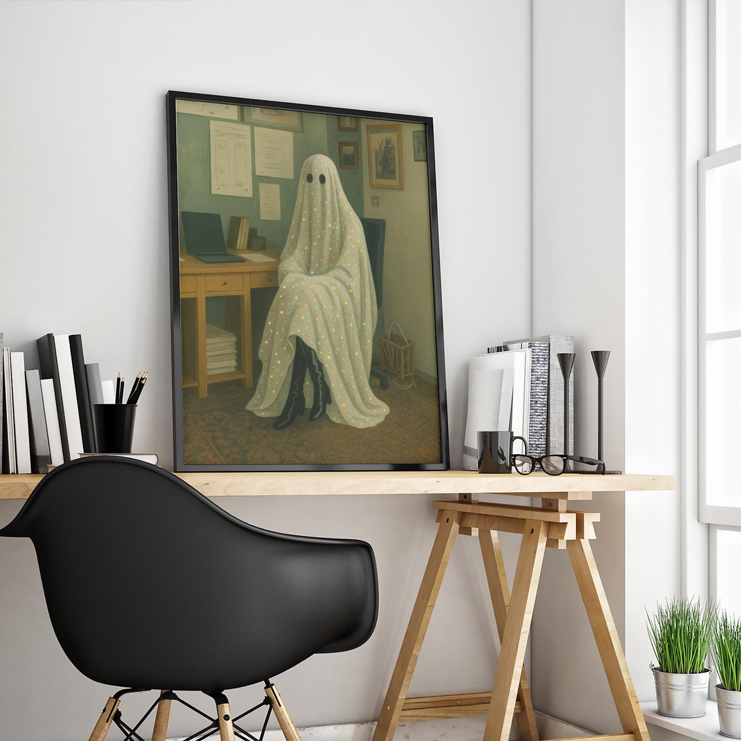 Quirky Gothic Wall Art – Surreal Ghost Print With Office Chair Decor