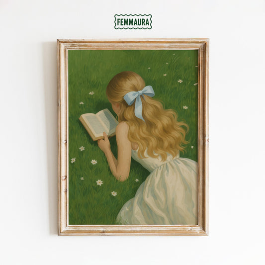 Cottagecore Wall Art – Romantic Girl Reading Poster With Vintage Meadow Print