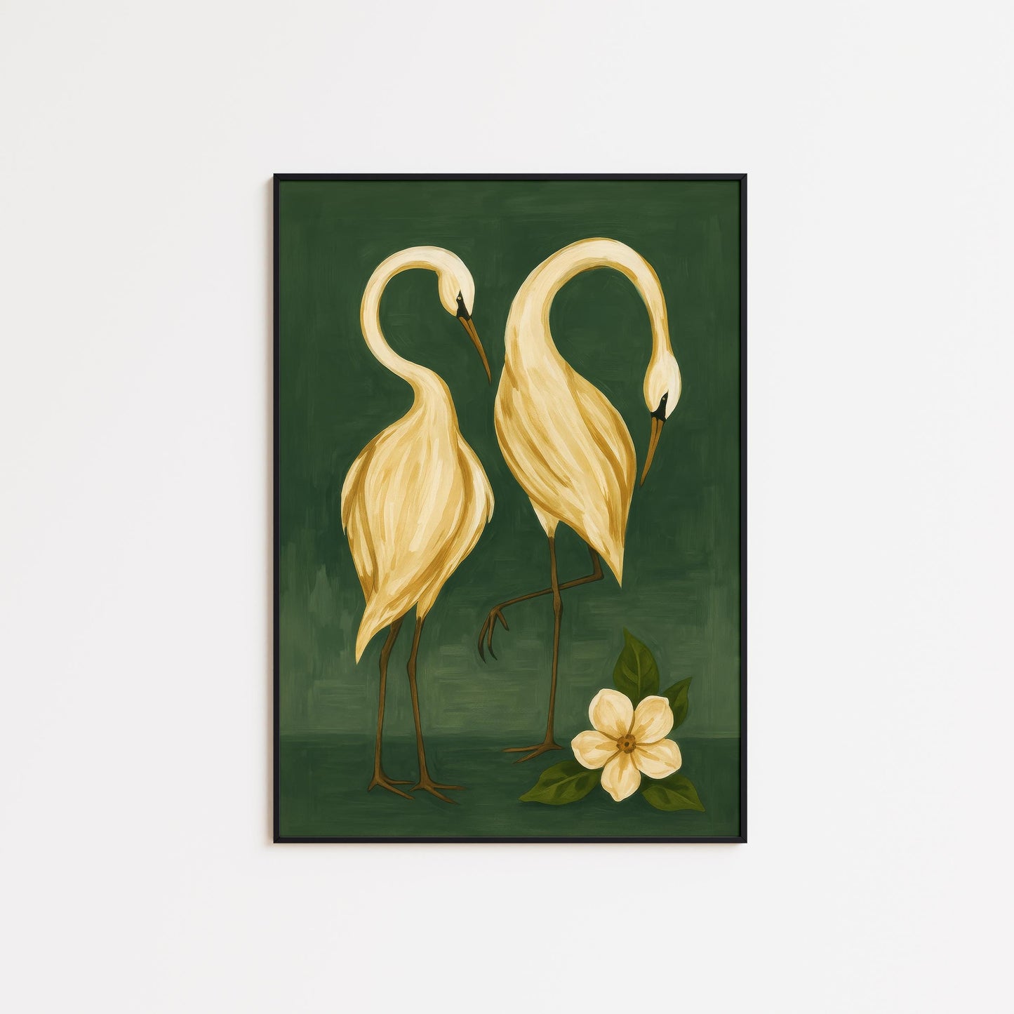 Golden Cranes Wall Art – Elegant Green Floral Print With Minimalist Bird Decor