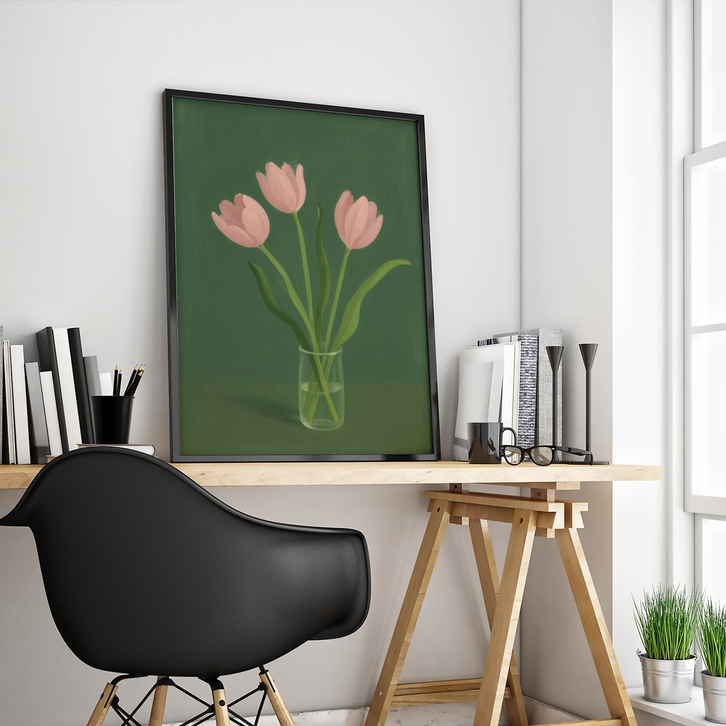 Pink Tulip Wall Art – Minimal Botanical Wall Print With Soft Pink Tulips