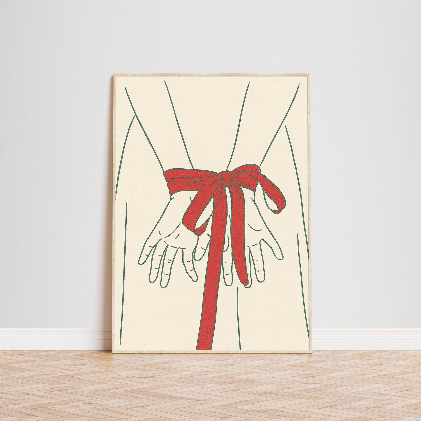 Red Ribbon Hands Poster – Minimal Line Art Feminine Wall Decor