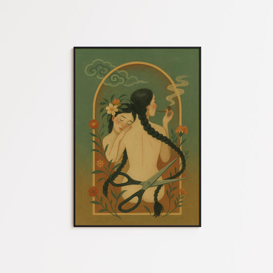 Surreal Feminine Breakup Art – Symbolic Lesbian Couple Poster With Floral Scene