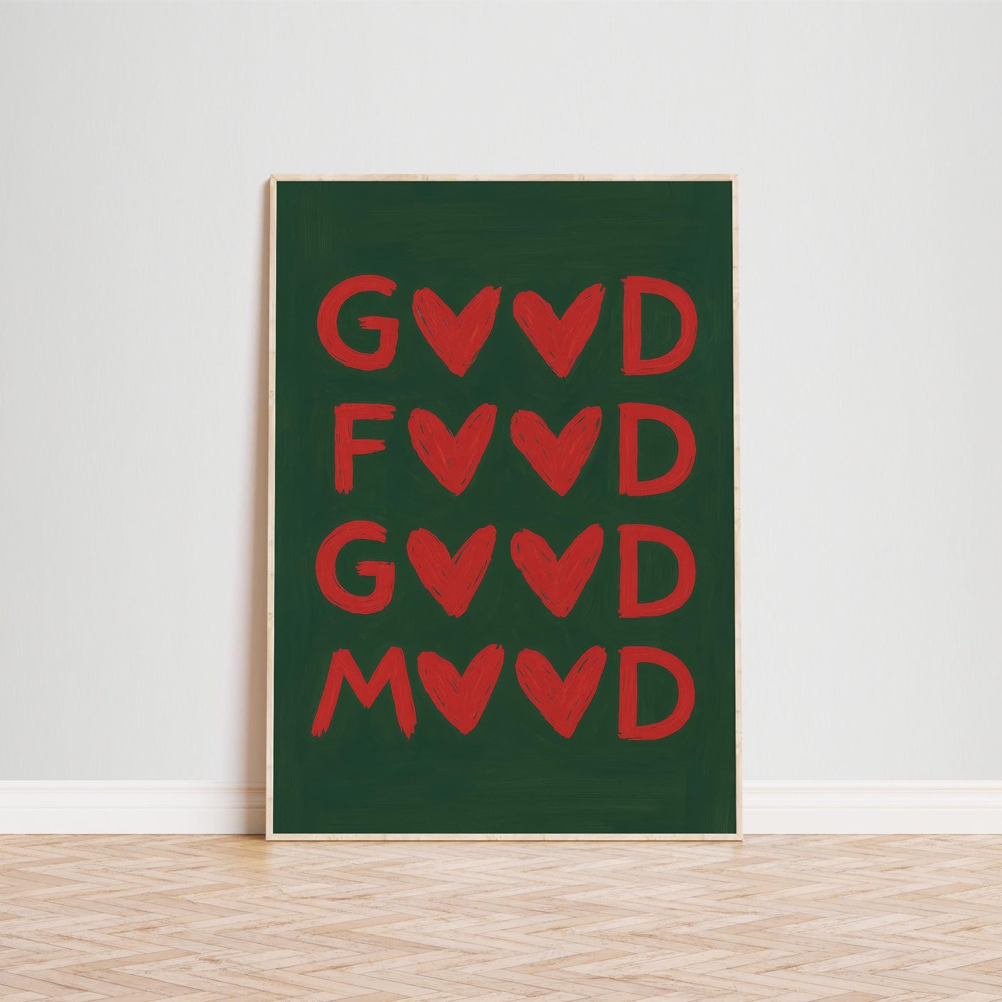 Good Mood Print – Playful Heart Lettering Typography Wall Art With Bold Red Green Design