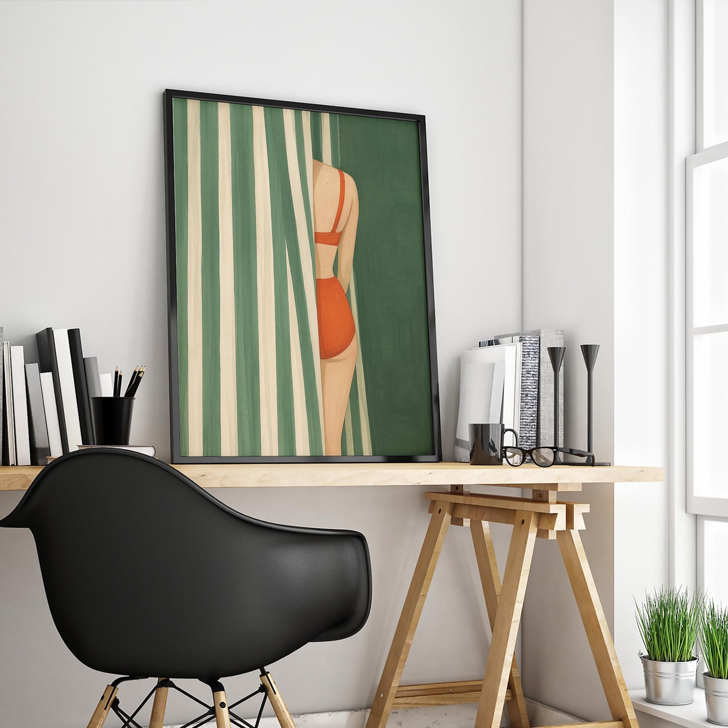 Retro Swimsuit Poster – Striped Curtain Art With Bold Feminine Wall Decor