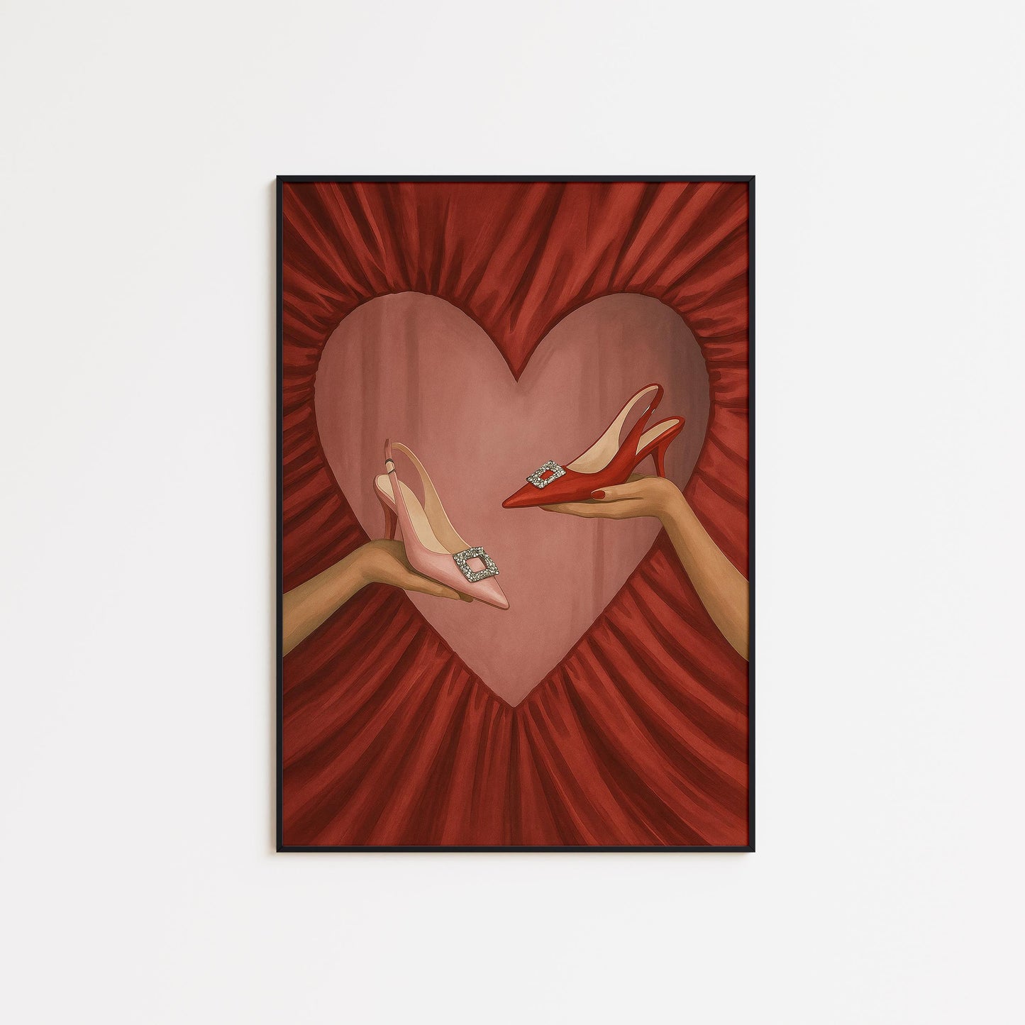 Feminine Glam Wall Art – Romantic Fashion Poster With Red Heart & Elegant Shoes