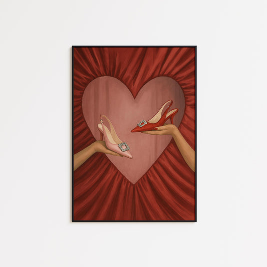 Feminine Glam Wall Art – Romantic Fashion Poster With Red Heart & Elegant Shoes