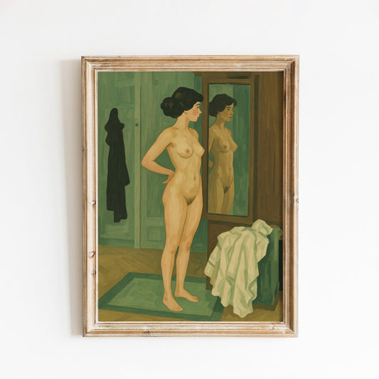 Feminine Nude Wall Art – Woman Mirror Poster With Calming Green Tones