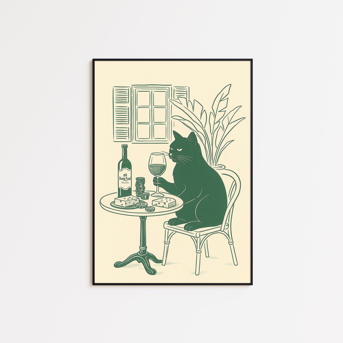 Wine Cat Poster – Elegant Minimal Line Art, French Café Style Wall Print