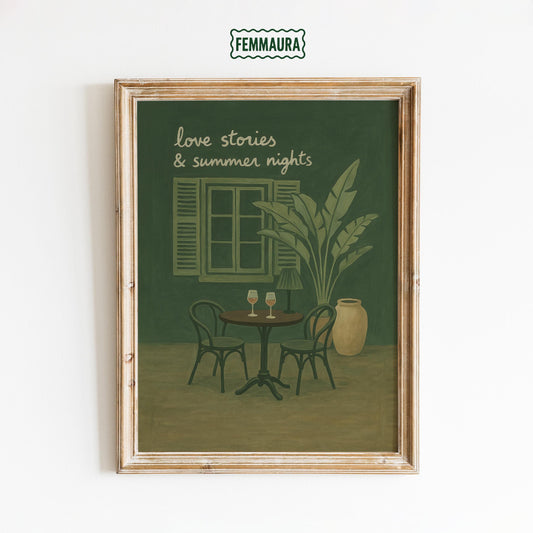 Romantic Cafe Wall Art – Olive Green Vintage Print With Hand Lettered Art