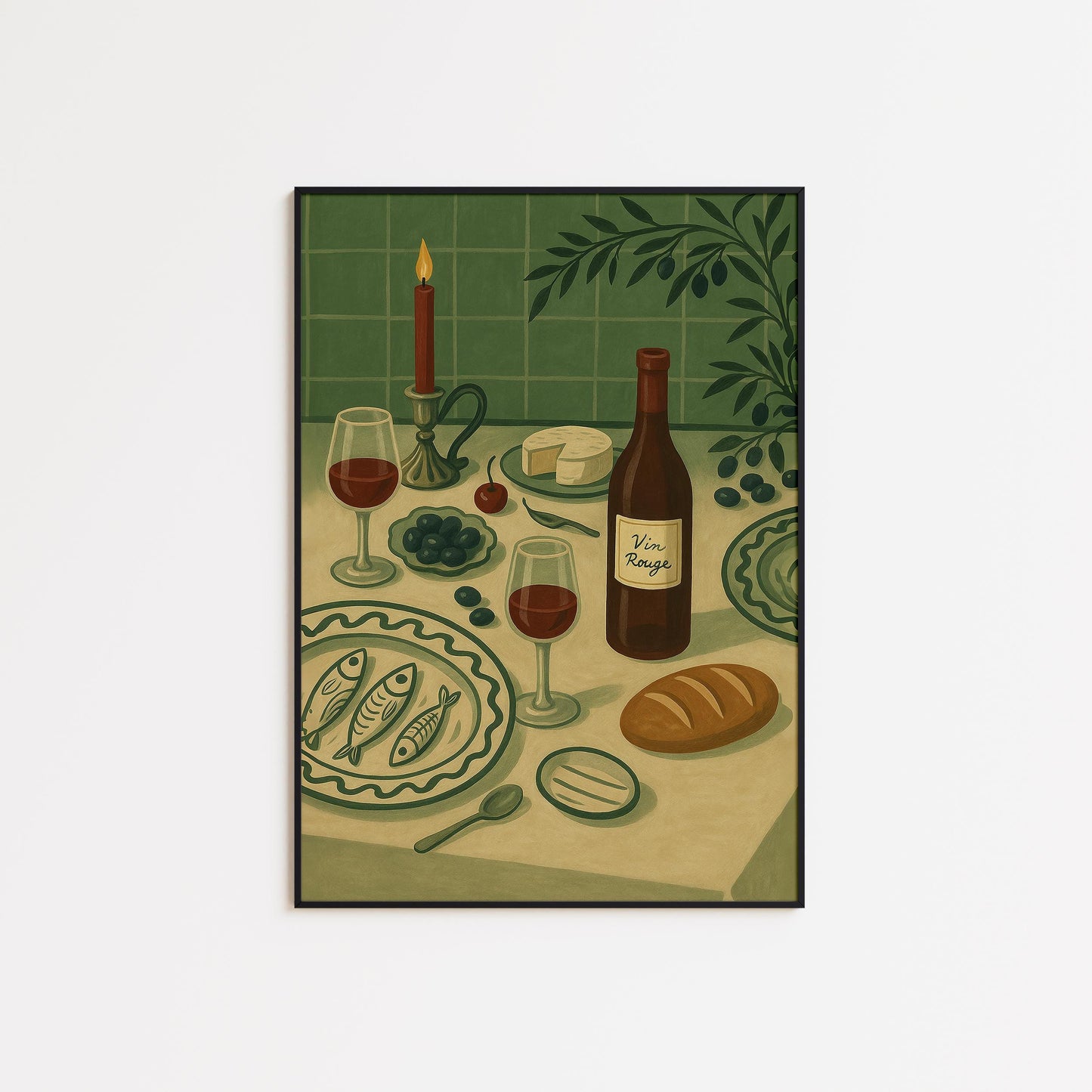 Vin Rouge Poster – French Kitchen Art With Retro Dining Scene & Olive Green Decor
