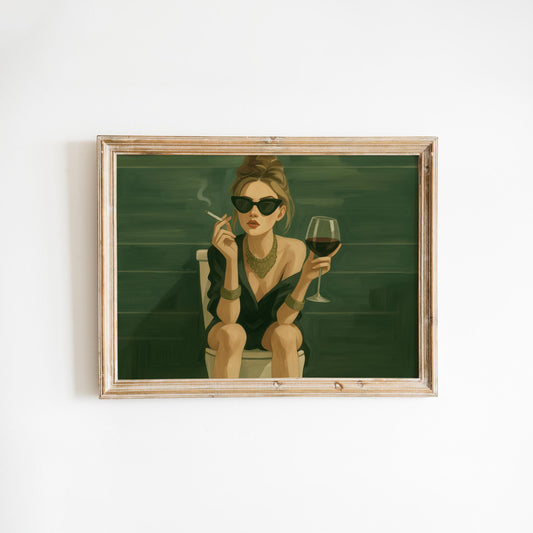 Glam Woman Poster – Horizontal Feminine Wall Art With Wine Smoking Print