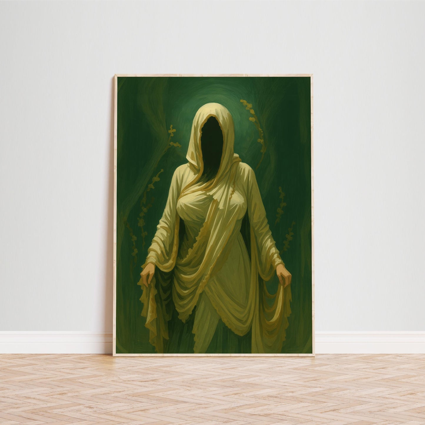 Faceless Hooded Figure Poster – Gothic Mystical Wall Art in Dark Green Tones