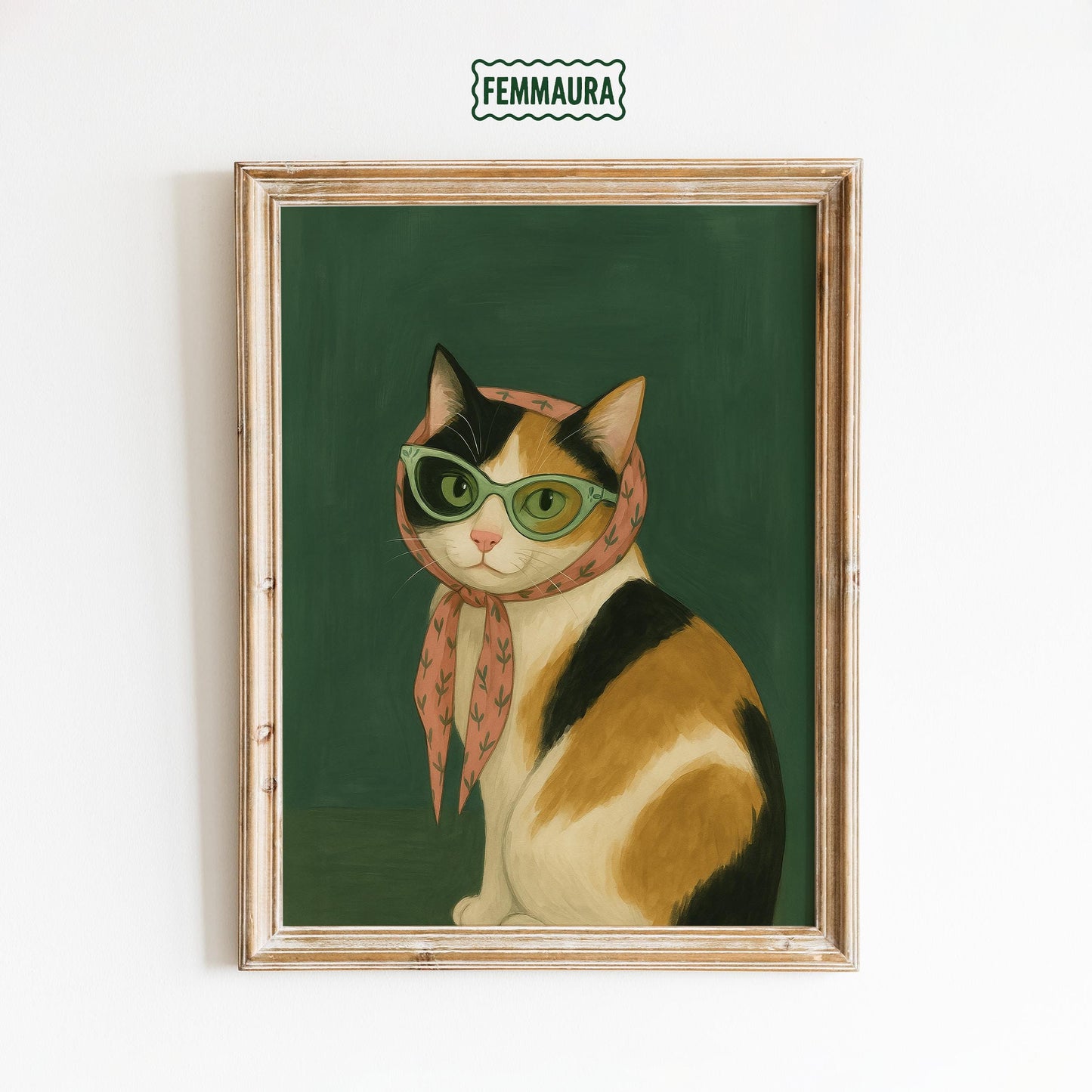 Retro Cat Poster – Vintage Calico Cat Wall Art With Stylish Pink Scarf