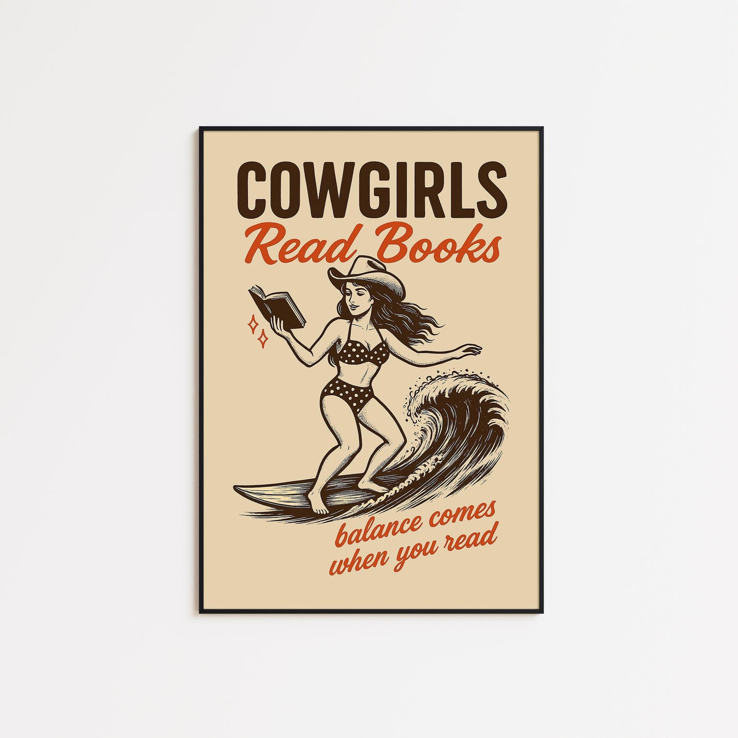 Cowgirls Read Books Poster – Retro Western Girl Surf Print