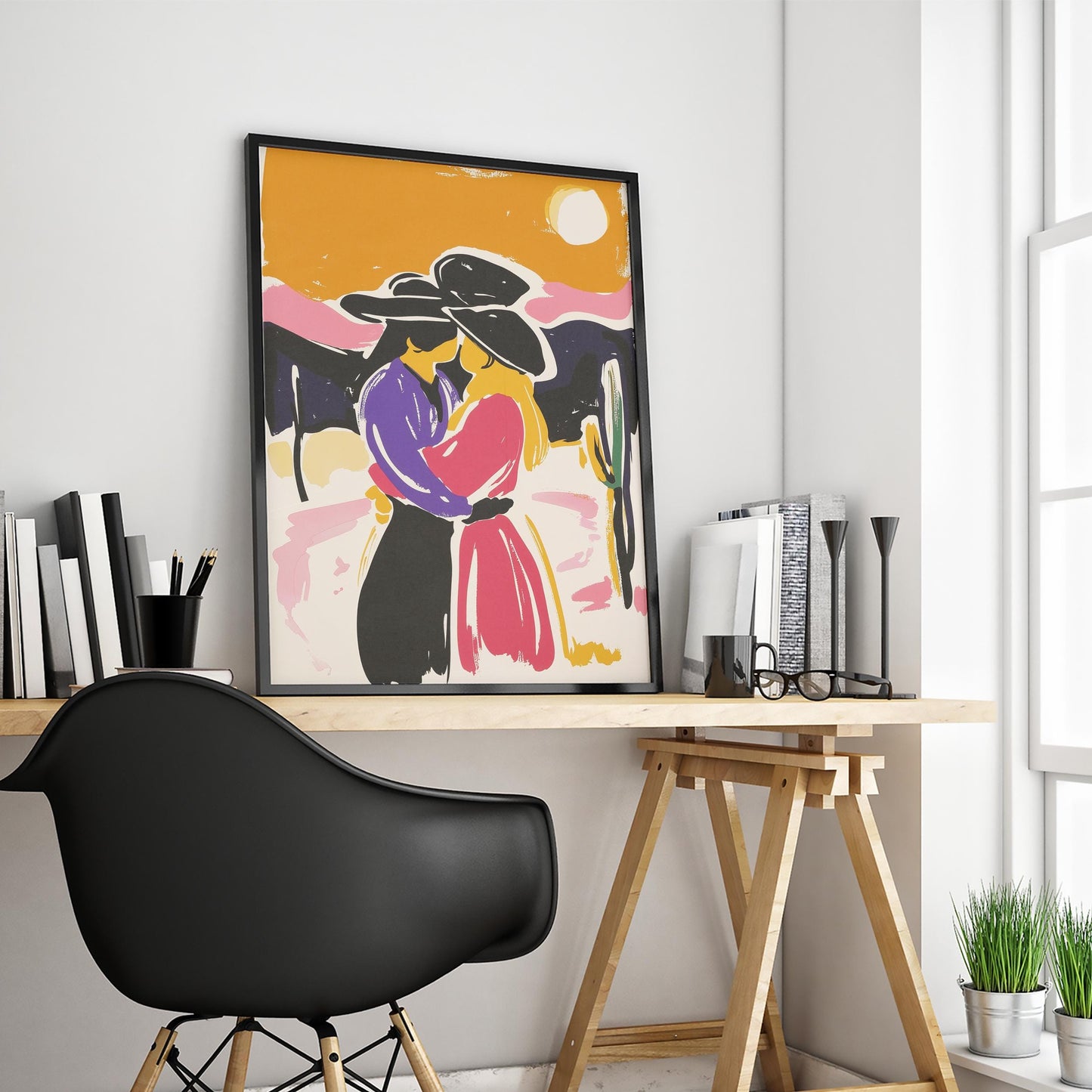 Sunset Cowgirls Kiss – Colorful Western Love Poster