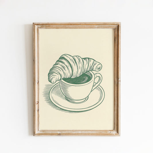Coffee and Croissant Poster – Minimalist Line Art, French Breakfast Wall Print