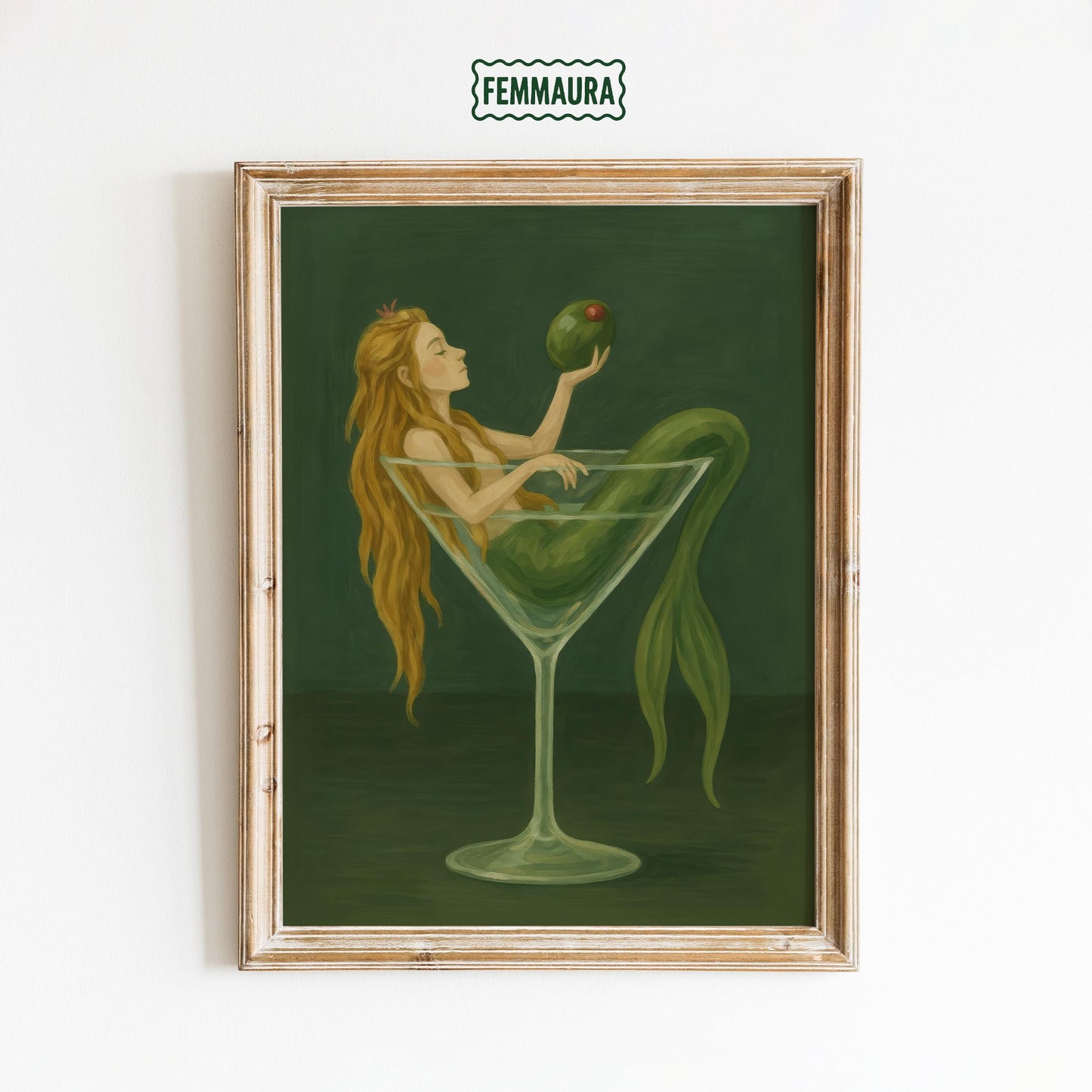 Mermaid Wall Art - Fantasy Cocktail Print in Green Martini Glass for Bar Decor