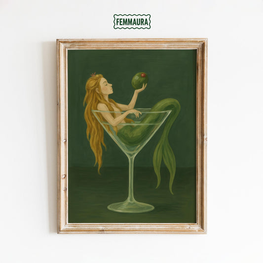 Mermaid Wall Art - Fantasy Cocktail Print in Green Martini Glass for Bar Decor
