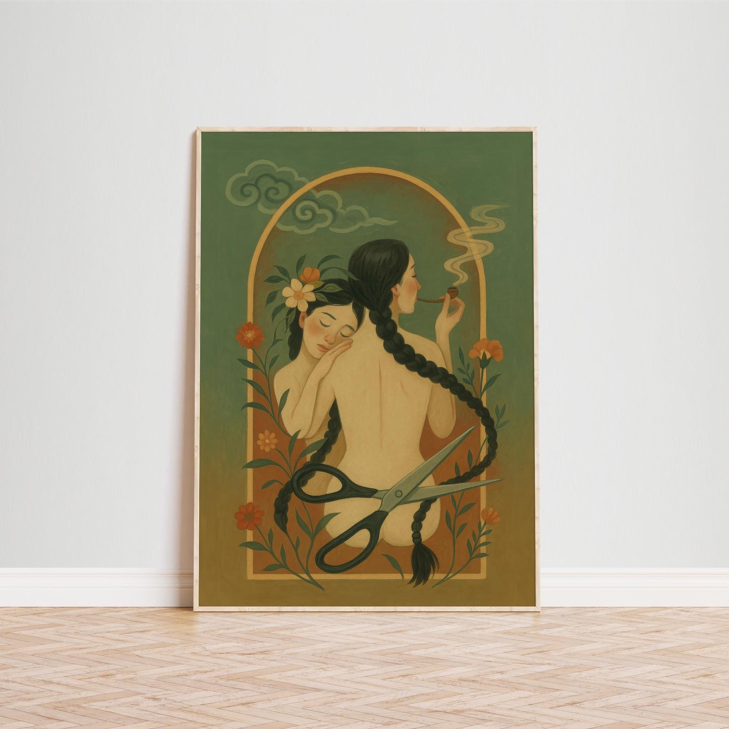 Surreal Feminine Breakup Art – Symbolic Lesbian Couple Poster With Floral Scene