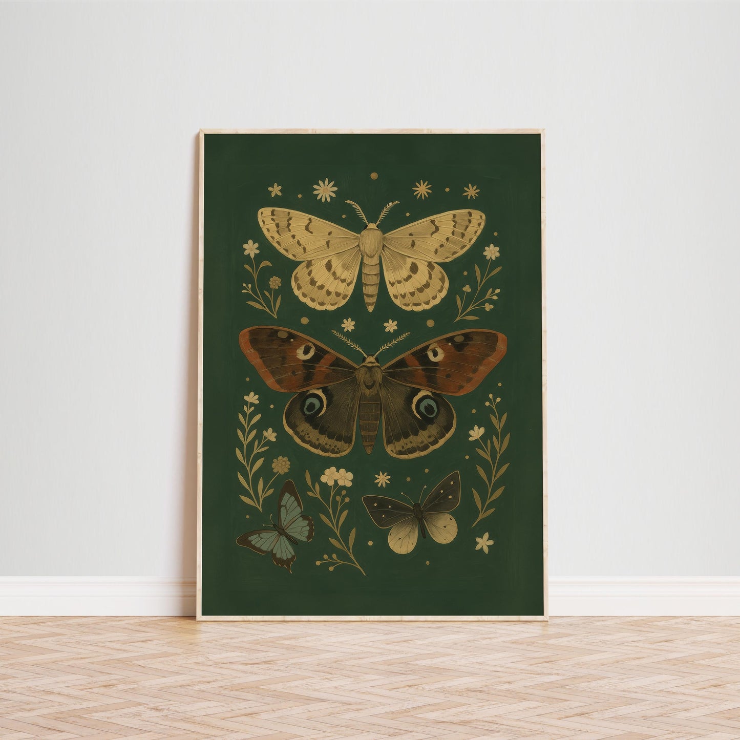 Butterfly Botanical Print – Vintage Insect Art Dark Green Poster with Moths & Flowers