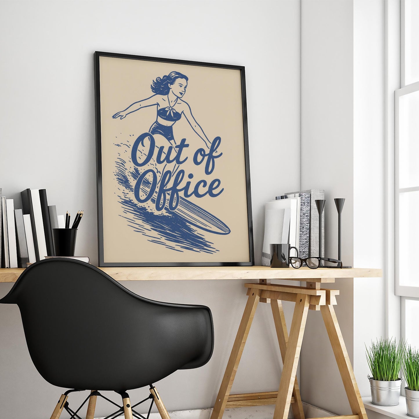 Out of Office Poster – Retro Surfer Cowgirl Wall Art Print