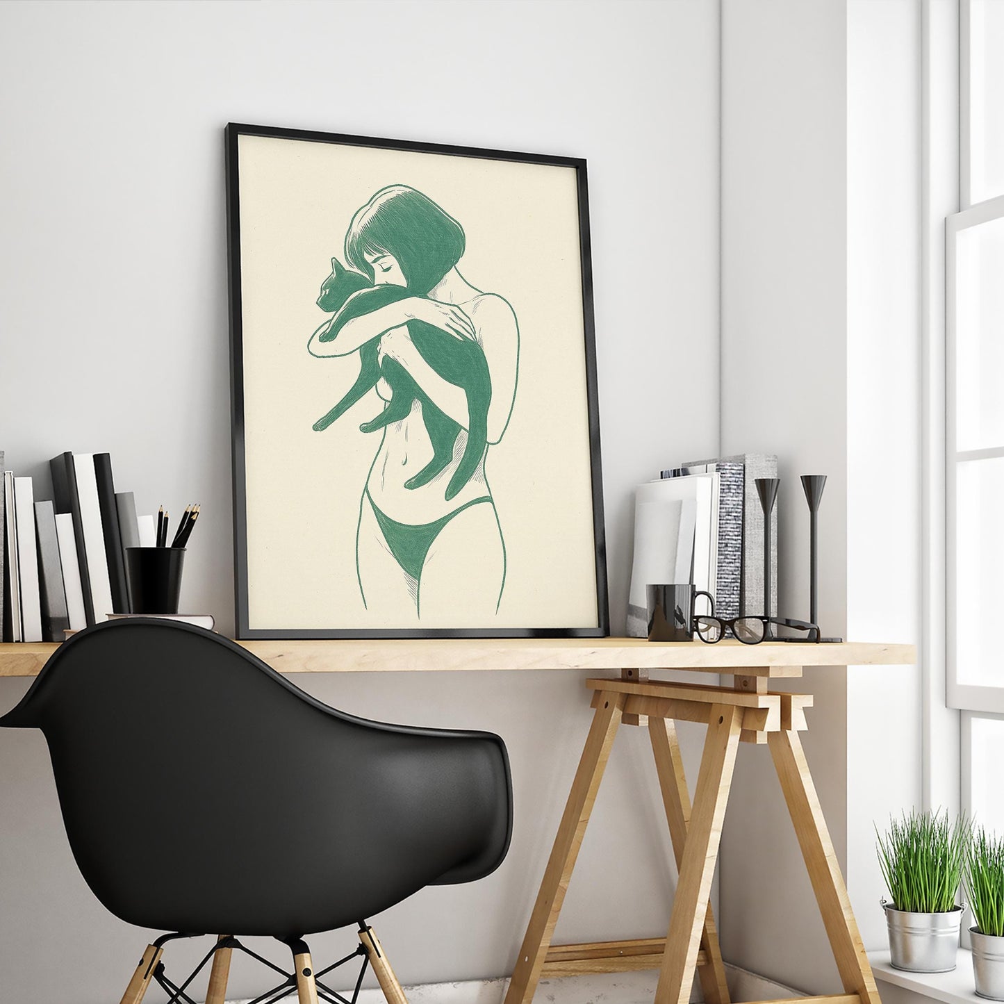 Soft Embrace – Minimal Woman and Cat Line Art, Intimate Feminine Poster